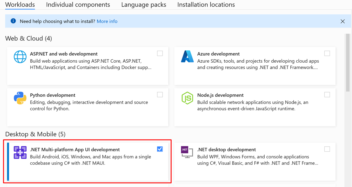 適用於 .NET MAUI 的 Visual Studio 工作負載。