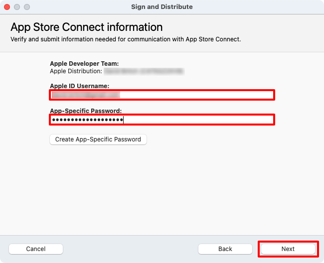 輸入應用程式特定密碼以從 VSMac 將應用程式上傳至 App Store 的螢幕快照。