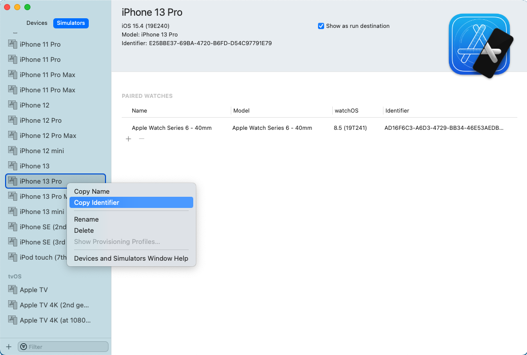 Xcode 中複製標識符菜單選項的屏幕截圖。