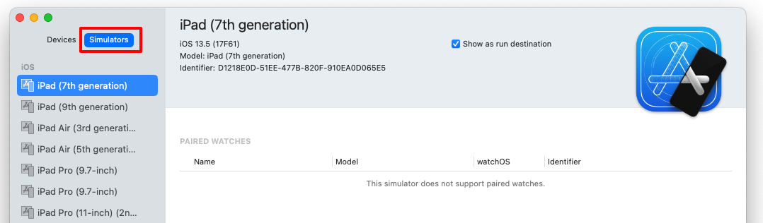 Xcode 模擬器選項卡的屏幕截圖。