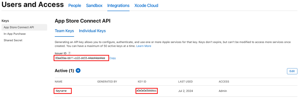 Apple App Store Connect API 詳細數據的螢幕快照。