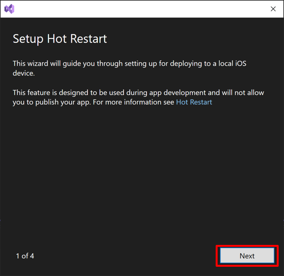 Screenshot of the first step in the setup hot restart wizard.