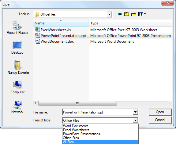 在開啟對話框中使用 FileDialog.Filter 開啟