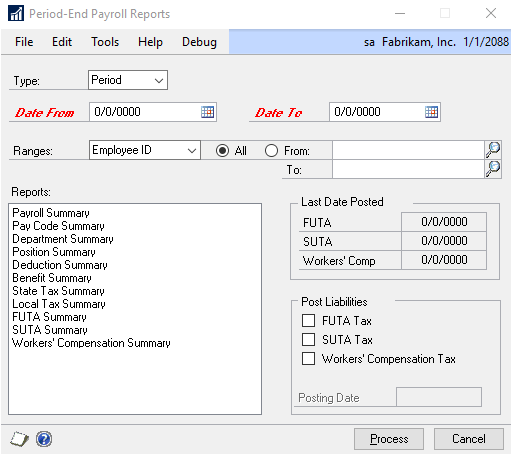 Screenshot of the Period-End Payroll Reports window.
