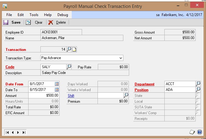 Screenshot of the Payroll Manual Check Transaction Entry window, showing Pay Advance selected as the transaction type.