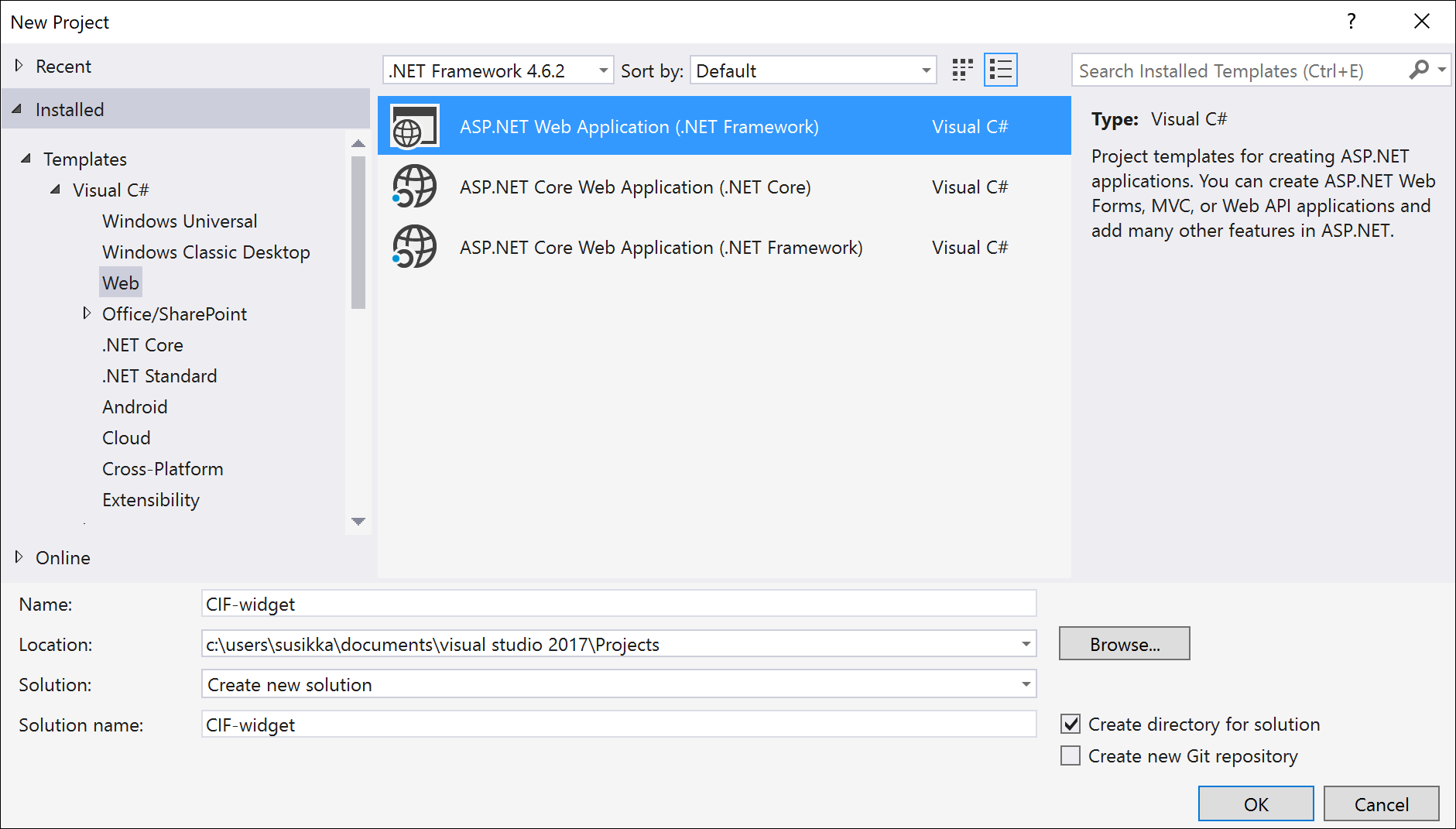 選取 ASP.NET Web 應用程式 (.NET Framework)。