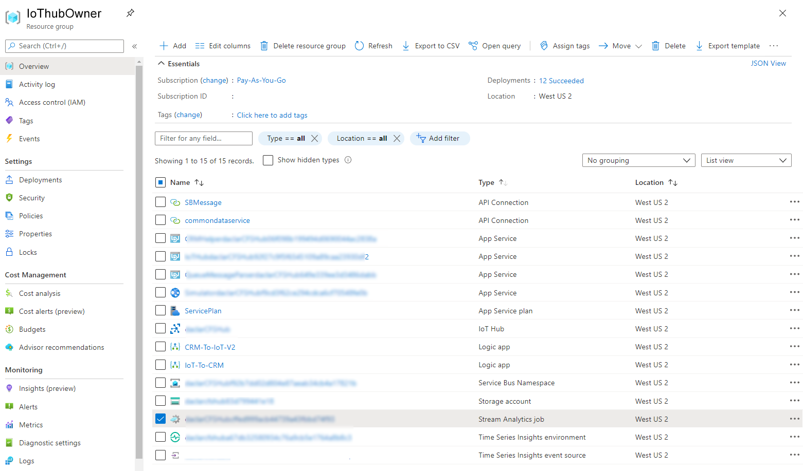 Microsoft Azure 的螢幕擷取畫面,顯示 Connected Field Service IoT 警示串流分析。