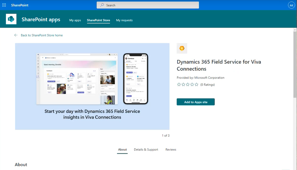 SharePoint 市集索引標籤的螢幕擷取畫面顯示適用於 Viva Connections 的 Dynamics 365 Field Service 應用程式，其中反白顯示 [新增至應用程式網站] 按鈕。