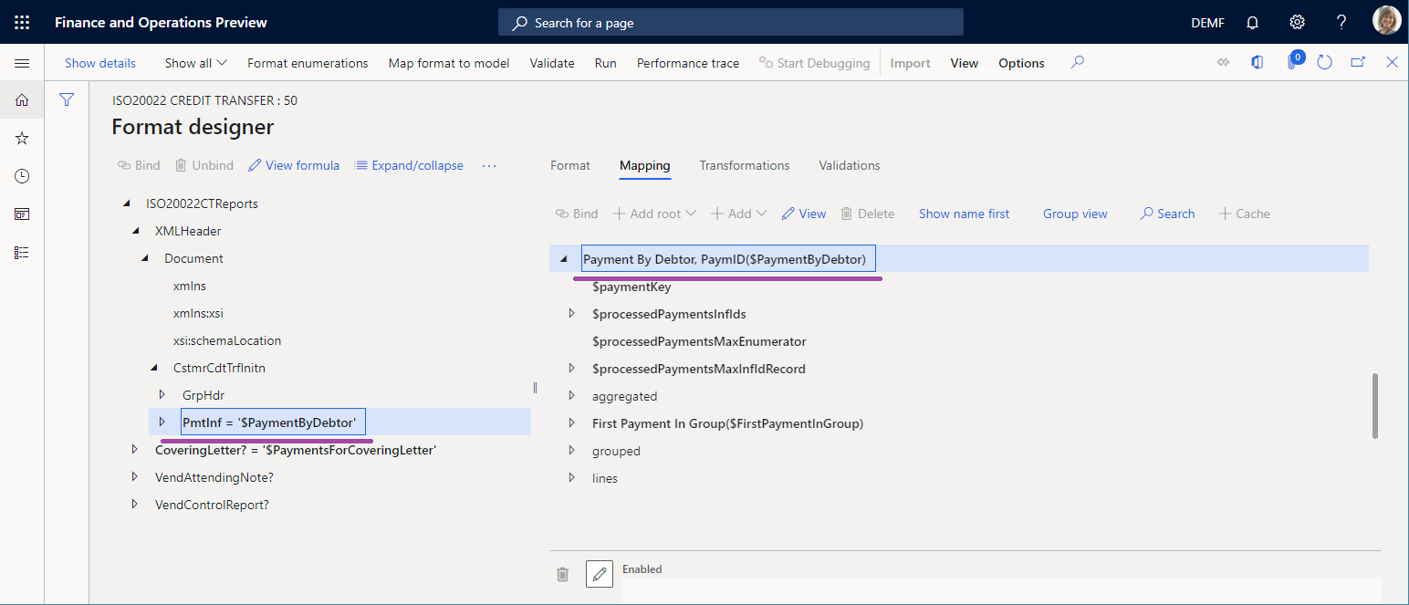 格式設計工具頁面上的 PmtInf 元素。