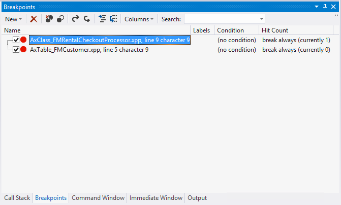 Breakpoints window.
