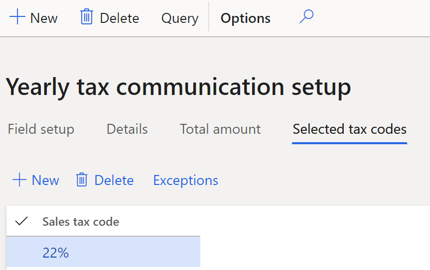 Yearly tax communication setup page, Selected tax codes tab.