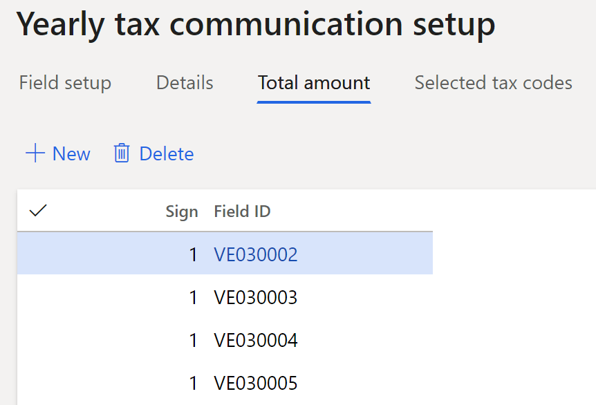Yearly tax communication setup page, Total amount tab.