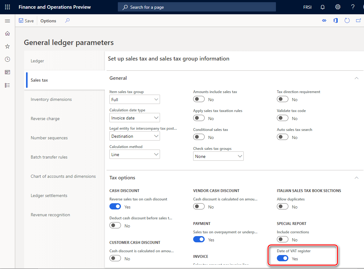 General ledger parameters page, Sales tax tab, Date of VAT register field is highlighted.