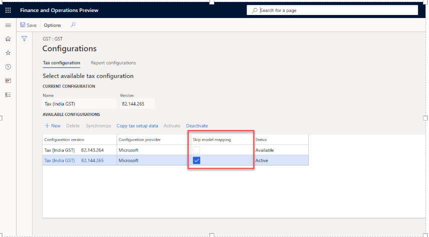 Tax configuration, Skip model mapping.