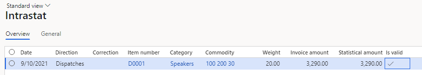 Line that represents the sales order on the Intrastat page