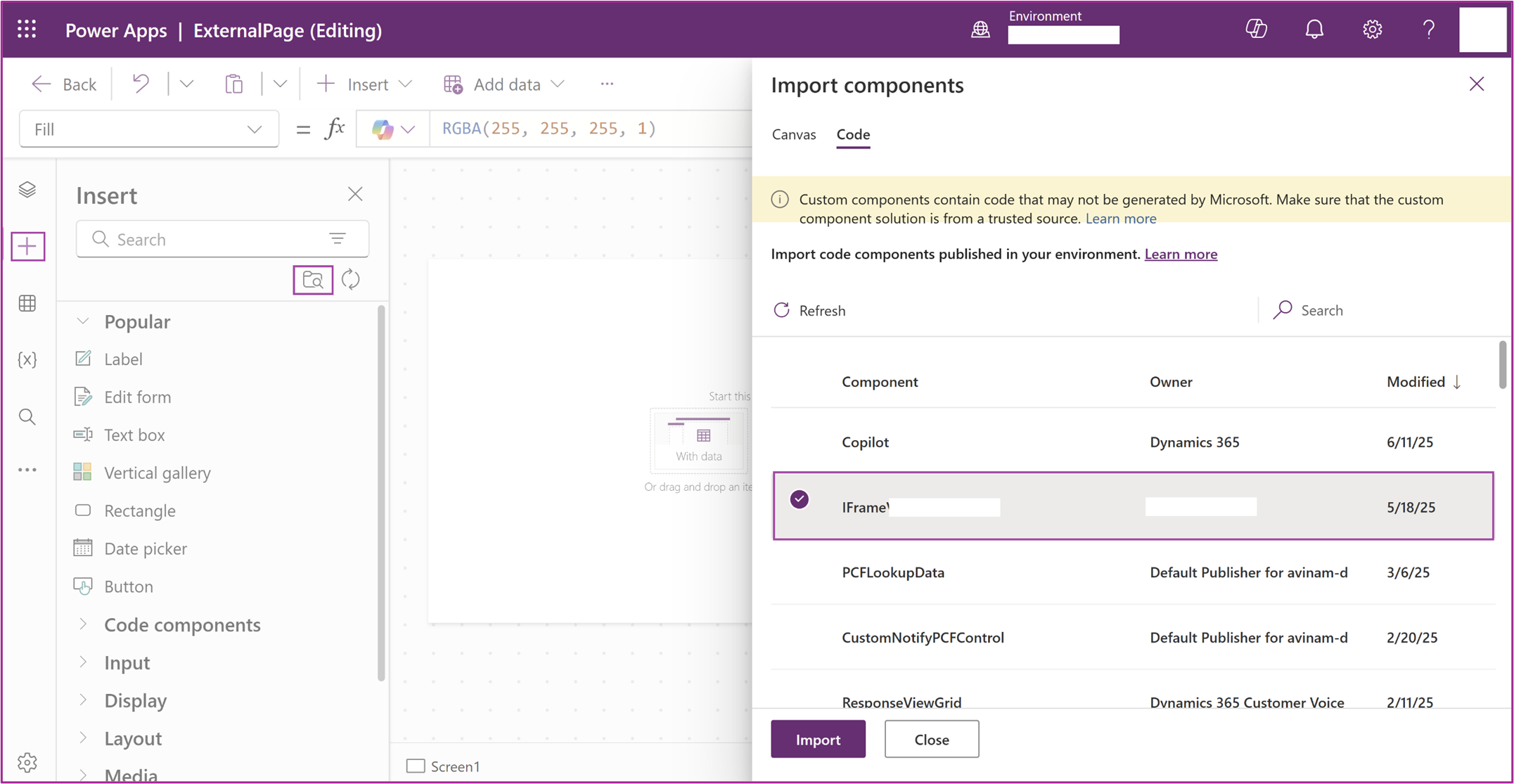 Screenshot to show how to insert the code component.