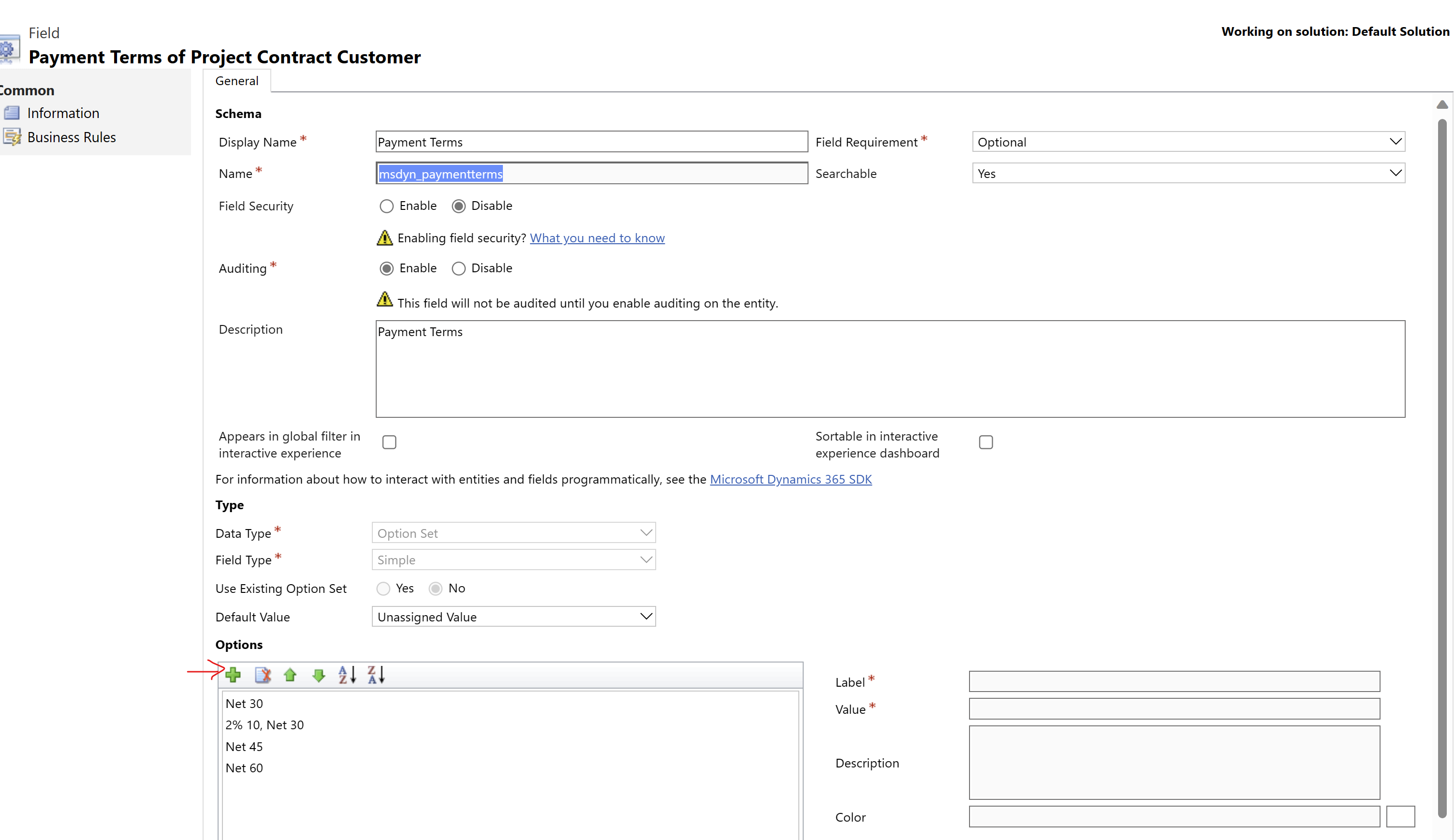 Screenshot that shows the Add option button on the Payment terms of Project Contract Customer page.