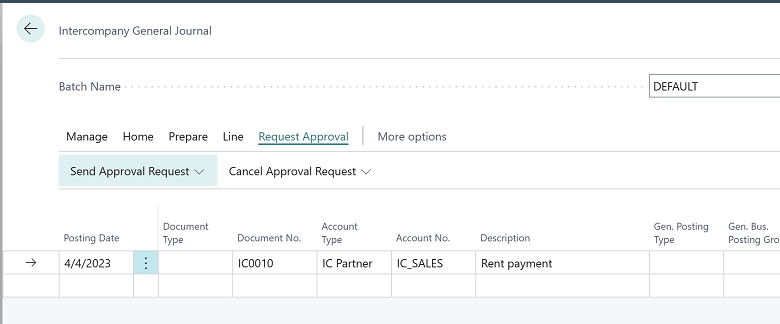 Intercompany General Journal with Approval Request actions.