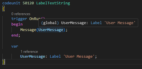 Hover over label variable to see the label string value