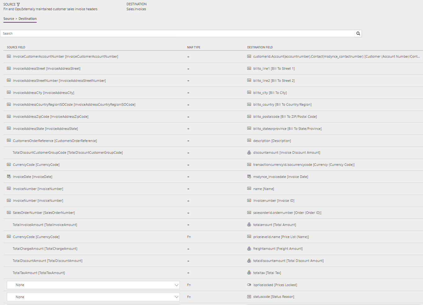 Template mapping in Data integration for SalesInvoiceHeader.