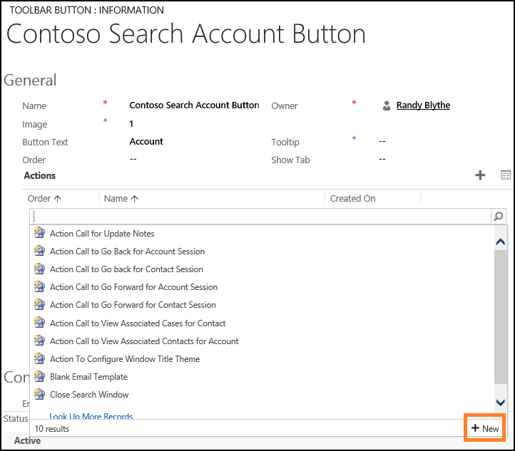 Choose New to create an action call Choose New to create an action call.