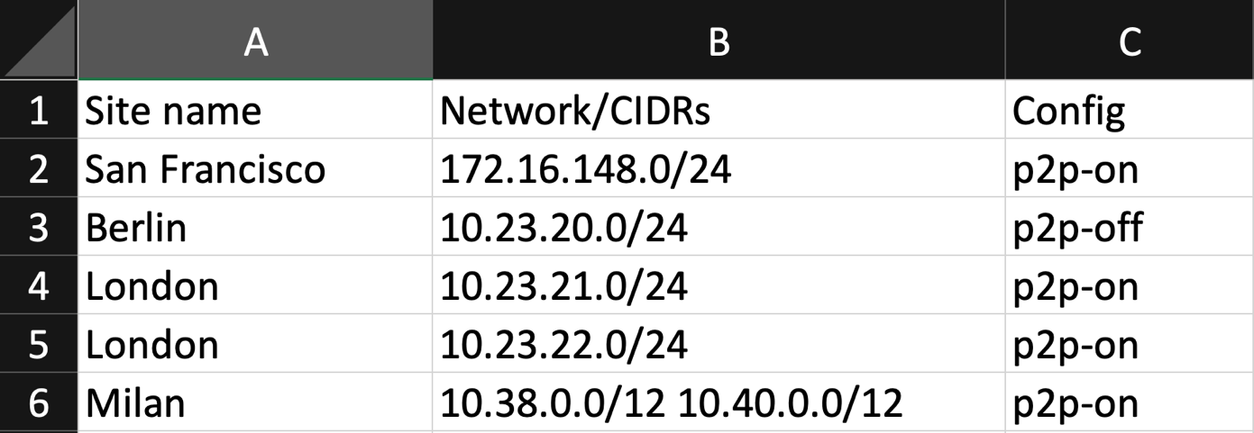 CSV 數據表，其中包含三個標題為「網站名稱」、「網路/C.I.D.R.s」和「設定」的數據行，並填入範例數據。