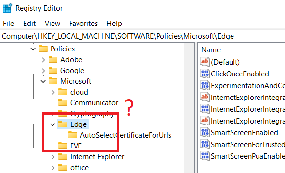 包含登錄 GUI 的螢幕擷取畫面，指出 'Edge' 機碼下遺漏子機碼。