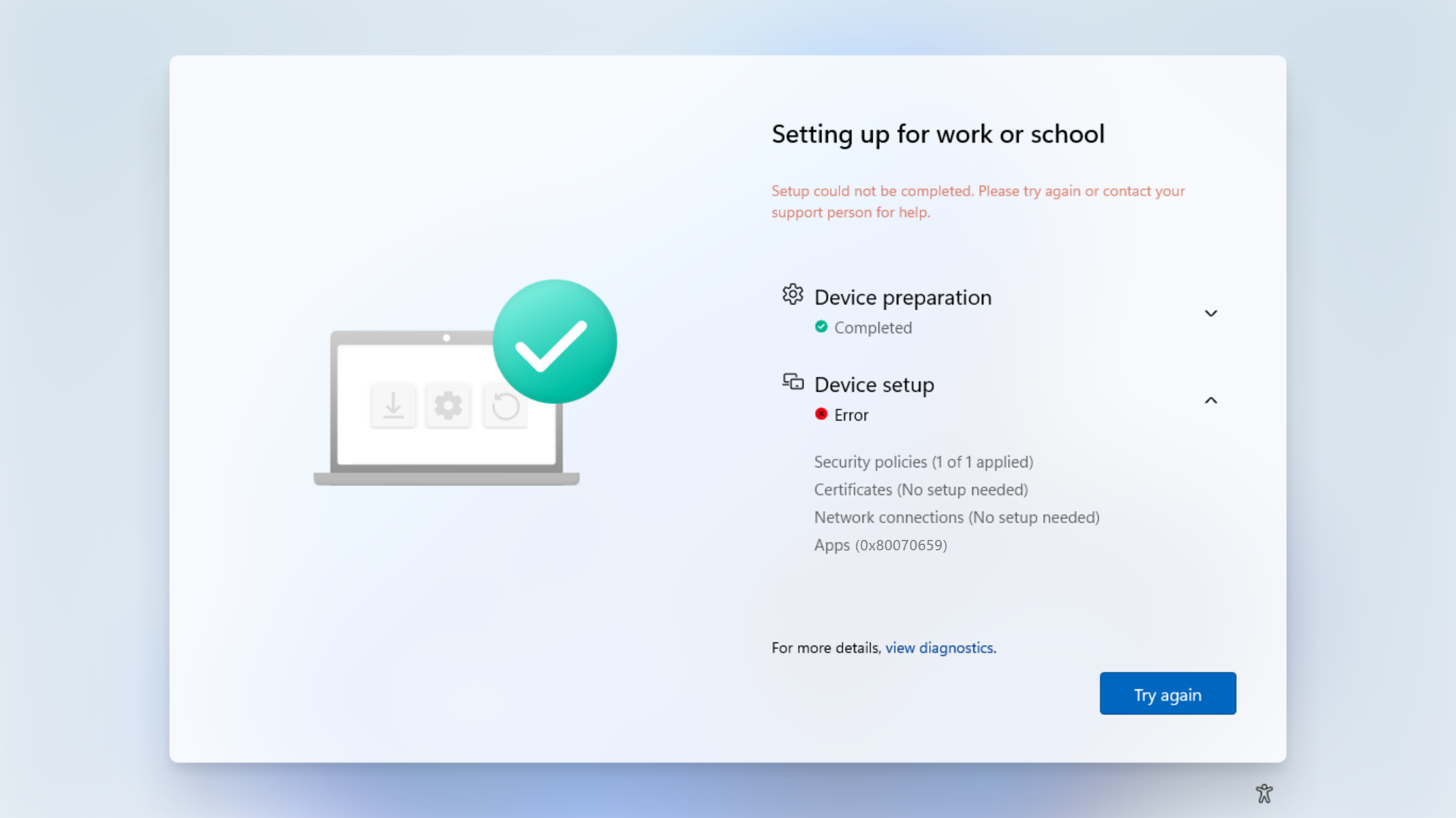 [註冊狀態] 頁面的螢幕快照，其中顯示 Windows 11 SE 上的 OOBE 中的錯誤。