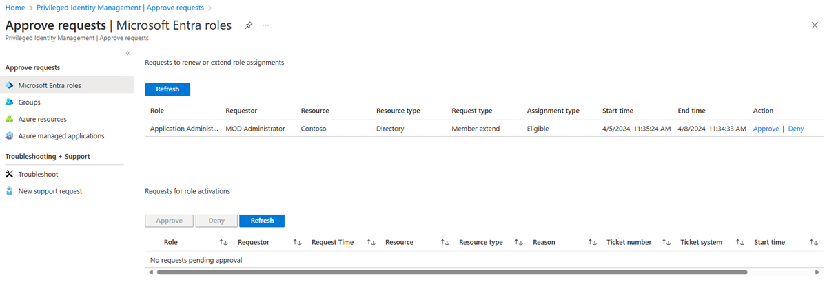 Approve requests - Azure resources page showing request to review