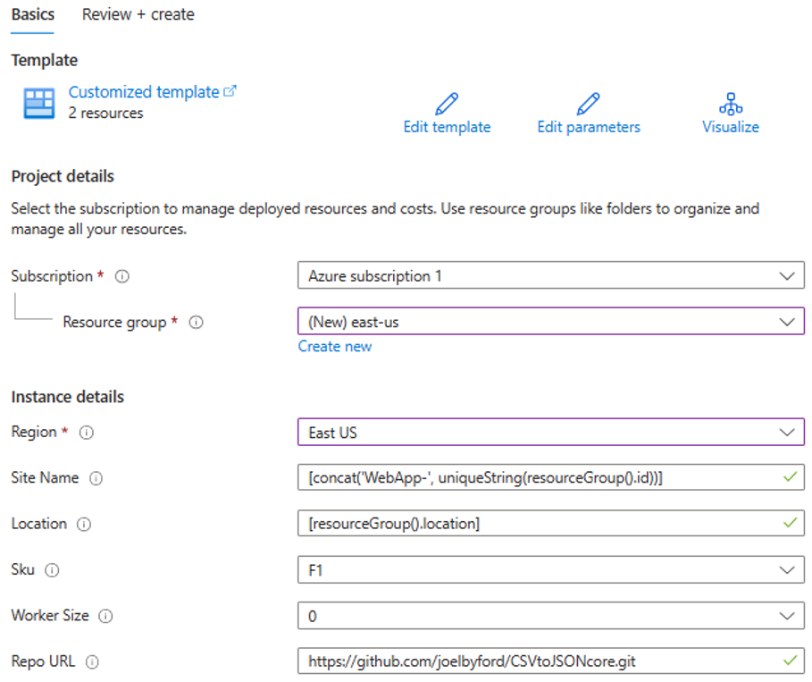 設定 Azure 函式資源群組的螢幕擷取畫面。
