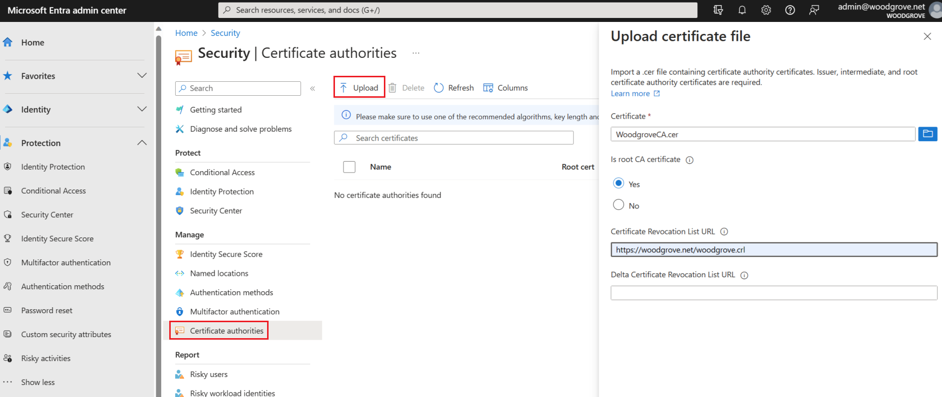 Screenshot of how to upload certification authority file.