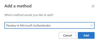 如何在 Microsoft Authenticator 中新增通行金鑰作為登入方法的螢幕擷取畫面。