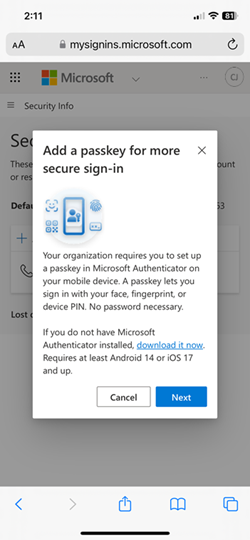 適用於 iOS 裝置之 Microsoft Authenticator 中下載應用程式選項的螢幕擷取畫面。