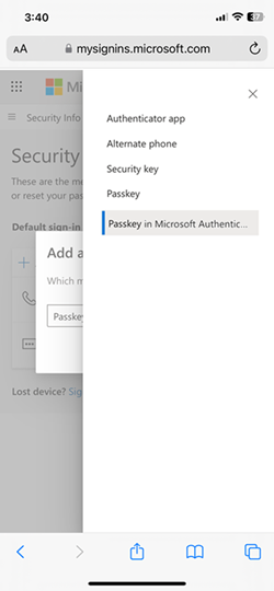 適用於 iOS 裝置之 Microsoft Authenticator 中選項下拉式清單的螢幕擷取畫面。