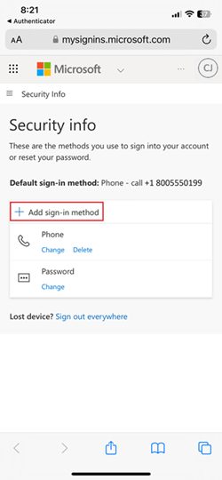 適用於 iOS 裝置之 Microsoft Authenticator 中 [安全性資訊] 畫面的螢幕擷取畫面。