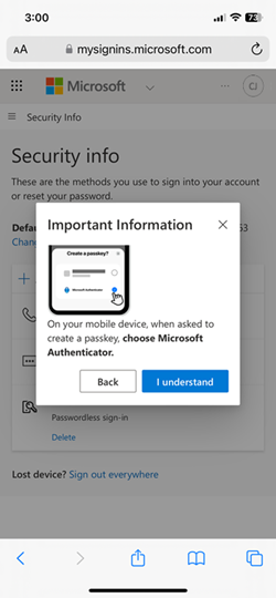 適用於 iOS 裝置之 Microsoft Authenticator 中 [我了解] 選項的螢幕擷取畫面。