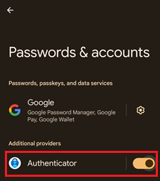 使用適用於 Android 裝置的 Microsoft Authenticator 啟用 Authenticator 作為提供者的螢幕擷取畫面。