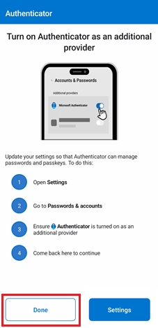 使用適用於 Android 裝置的 Microsoft Authenticator 選取 [繼續] 以完成的螢幕擷取畫面。