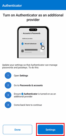 [開啟設定] 的螢幕擷取畫面，然後使用適用於 Android 裝置的 Microsoft Authenticator 遵循畫面上的指示執行。