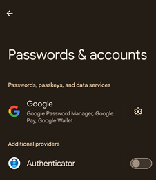 使用適用於 Android 裝置的 Microsoft Authenticator 選取 [密碼] 和 [密碼選項] 的螢幕擷取畫面。