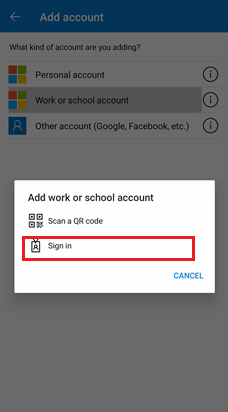 使用適用於 Android 裝置的 Microsoft Authenticator 點選 [登入] 選項的螢幕擷取畫面。