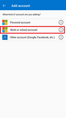 使用適用於 Android 裝置的 Microsoft Authenticator 選擇 [公司或學校帳戶] 的螢幕擷取畫面。