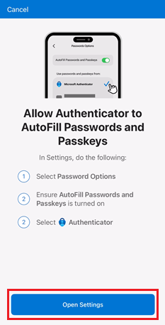 [開啟設定] 的螢幕擷取畫面，然後使用適用於 iOS 裝置的 Microsoft Authenticator 遵循畫面上的指示執行。