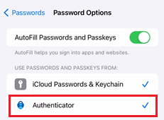 使用適用於 iOS 裝置的 Microsoft Authenticator 之 [使用密碼和通行金鑰來源] 的螢幕擷取畫面。