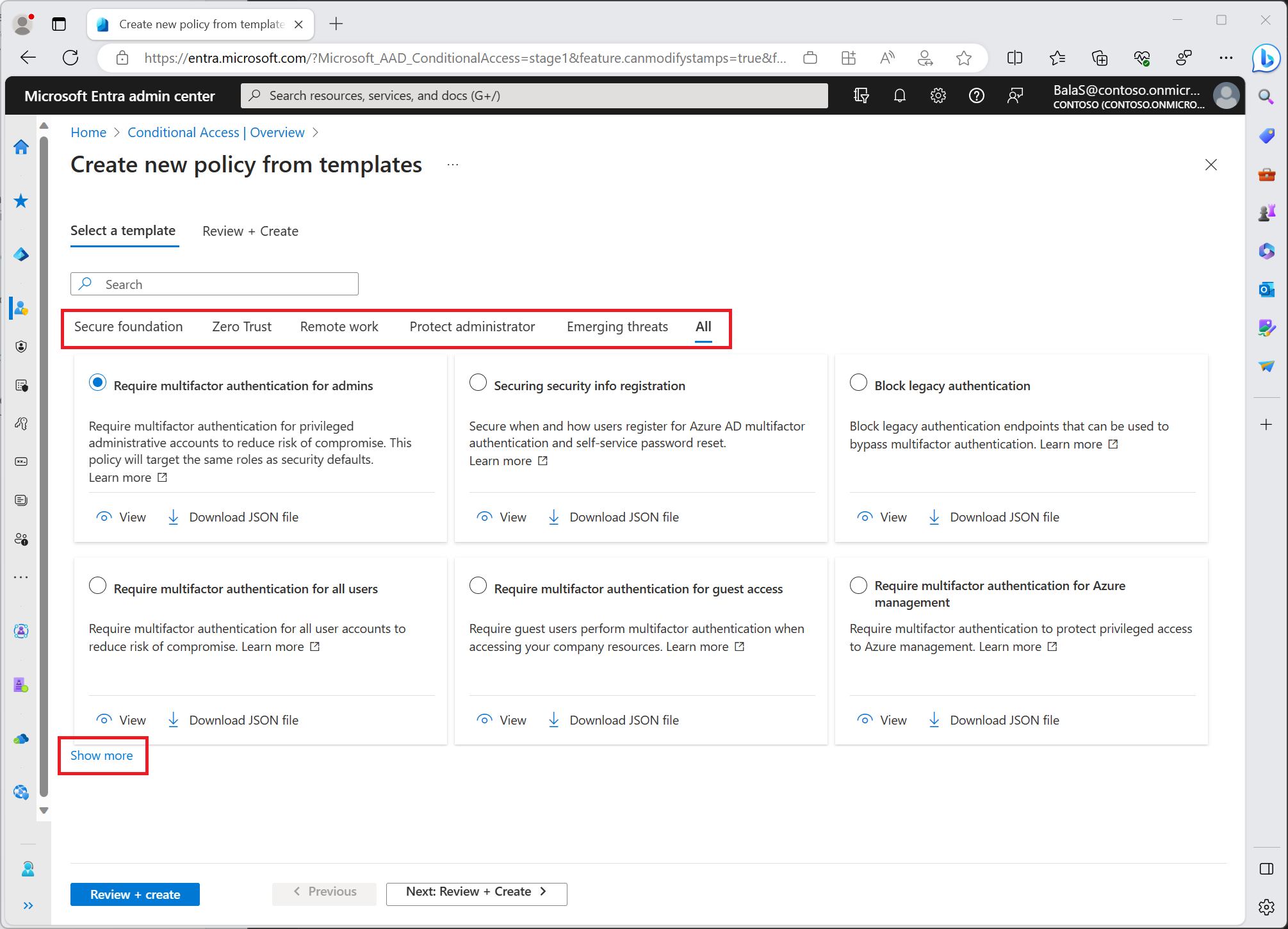Screenshot that shows how to create a Conditional Access policy from a preconfigured template in the Microsoft Entra admin center.