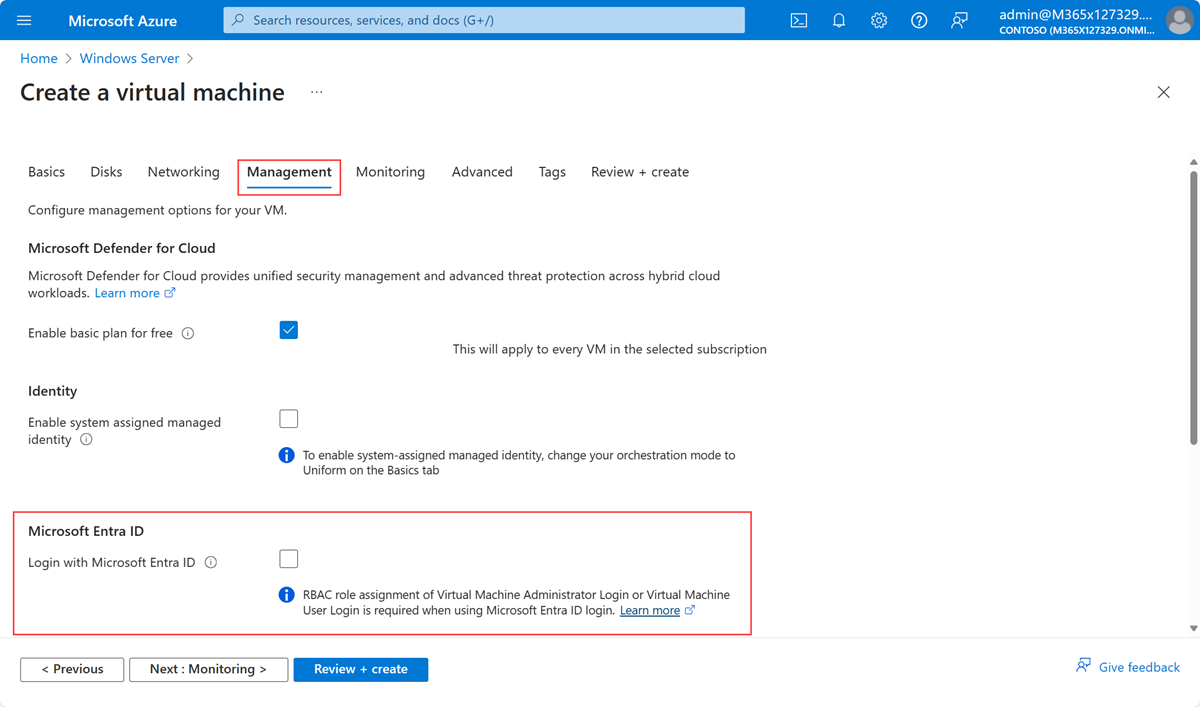 此螢幕快照顯示用於建立虛擬機之 [Azure 入口網站] 頁面上的 [管理] 索引卷標。