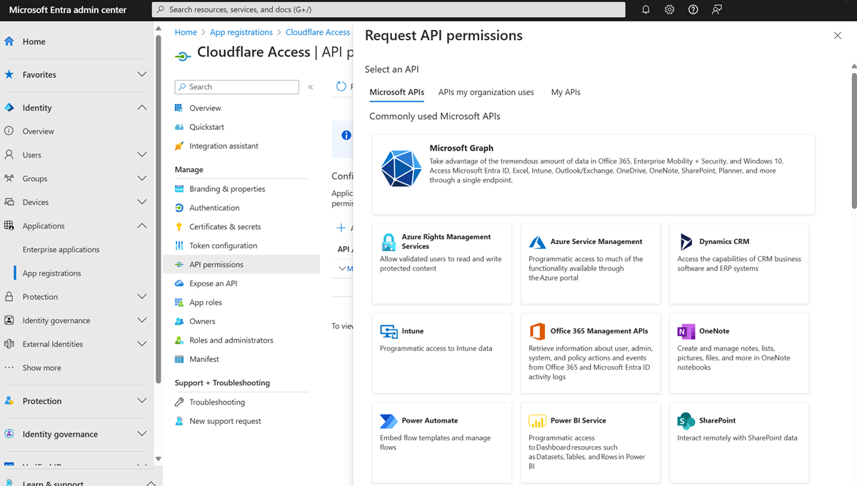 [要求 API 權限] 底下的 [Microsoft Graph] 選項的螢幕擷取畫面。