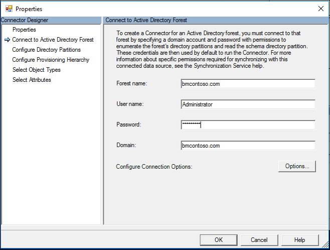 顯示 [屬性] 視窗中 [連線 至 Active Directory 樹系] 頁面的螢幕快照。