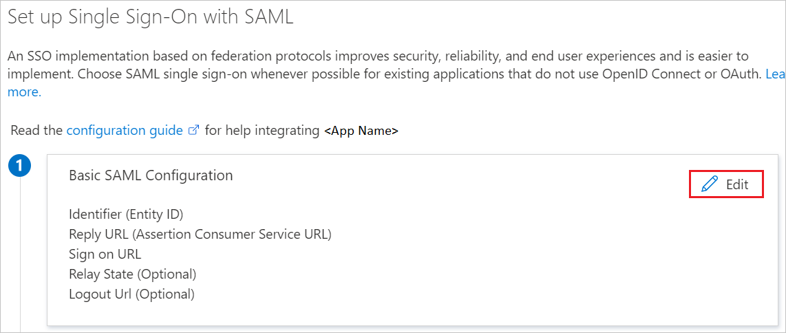 以 SAML 設定單一登入頁面的螢幕擷取畫面，其中的鉛筆圖示已醒目提示。