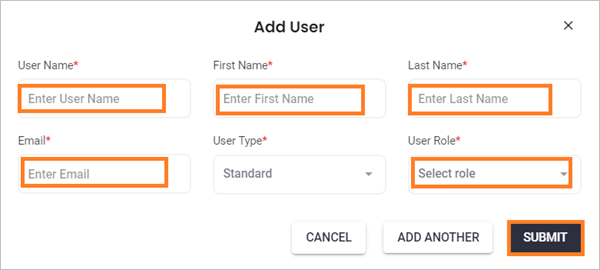 Screenshot shows the Add Users pane with values entered as described in this step.